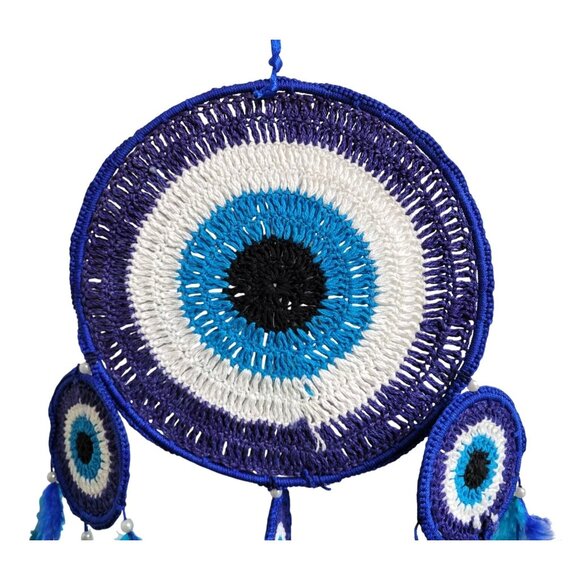 Crocheted Evil Eye Blue and White Dreamcatcher With Feathers and Beads 31" Long - Picture 2 of 7